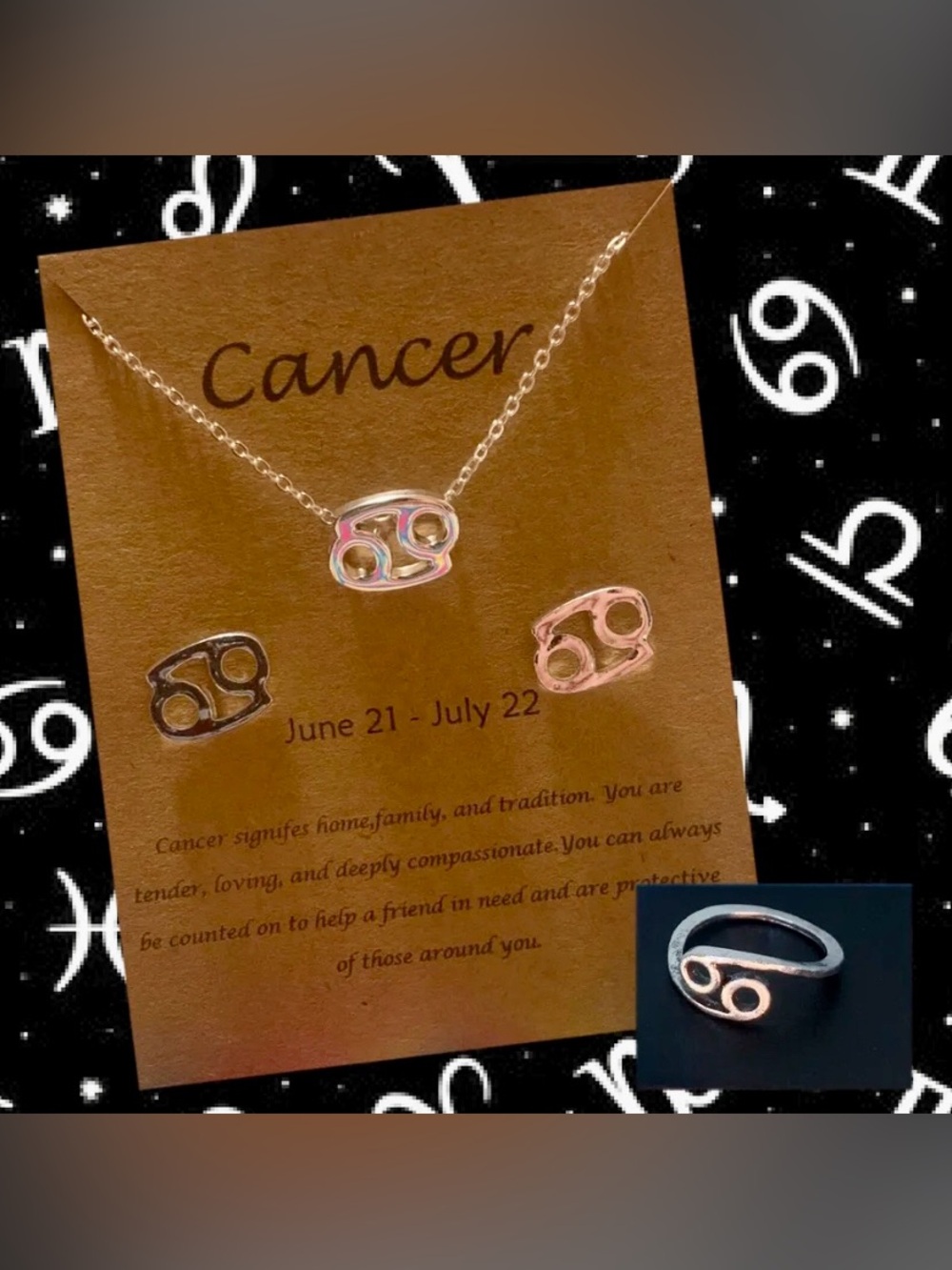 Cancer Zodiac Necklace, Stud Earrings & Ring Set ♋️